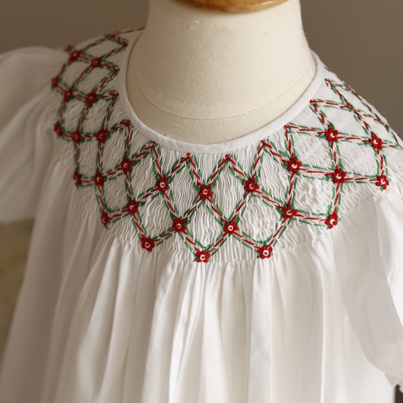White Smocked Feltman Brothers Bishop Dress Red Green Embroidery NEW With Tag - Picture 2 of 6